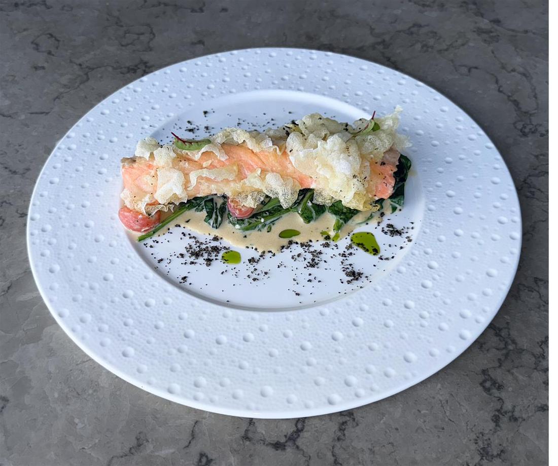 Salmon new style with rice crackers at Rockfish Cliffside